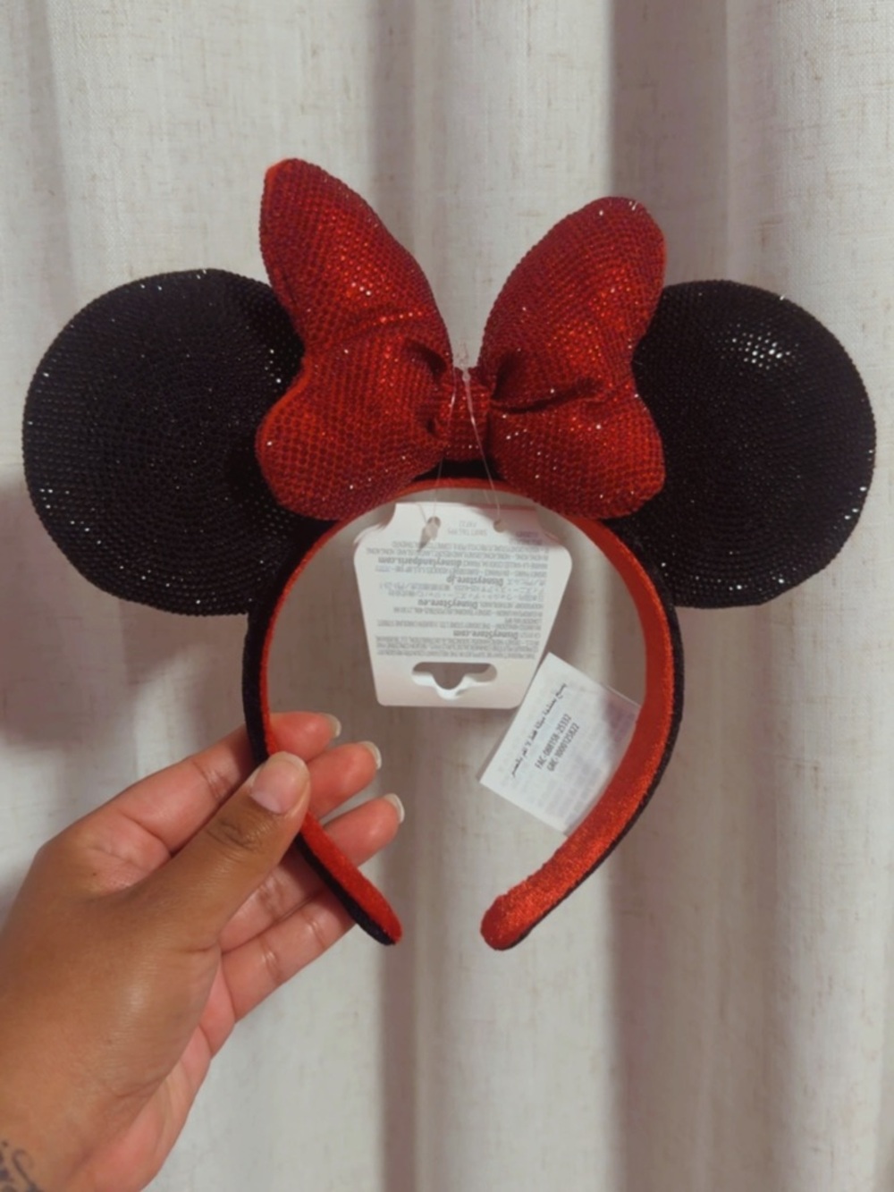 Sparkling Black Minnie Ears Headband with Red Bow